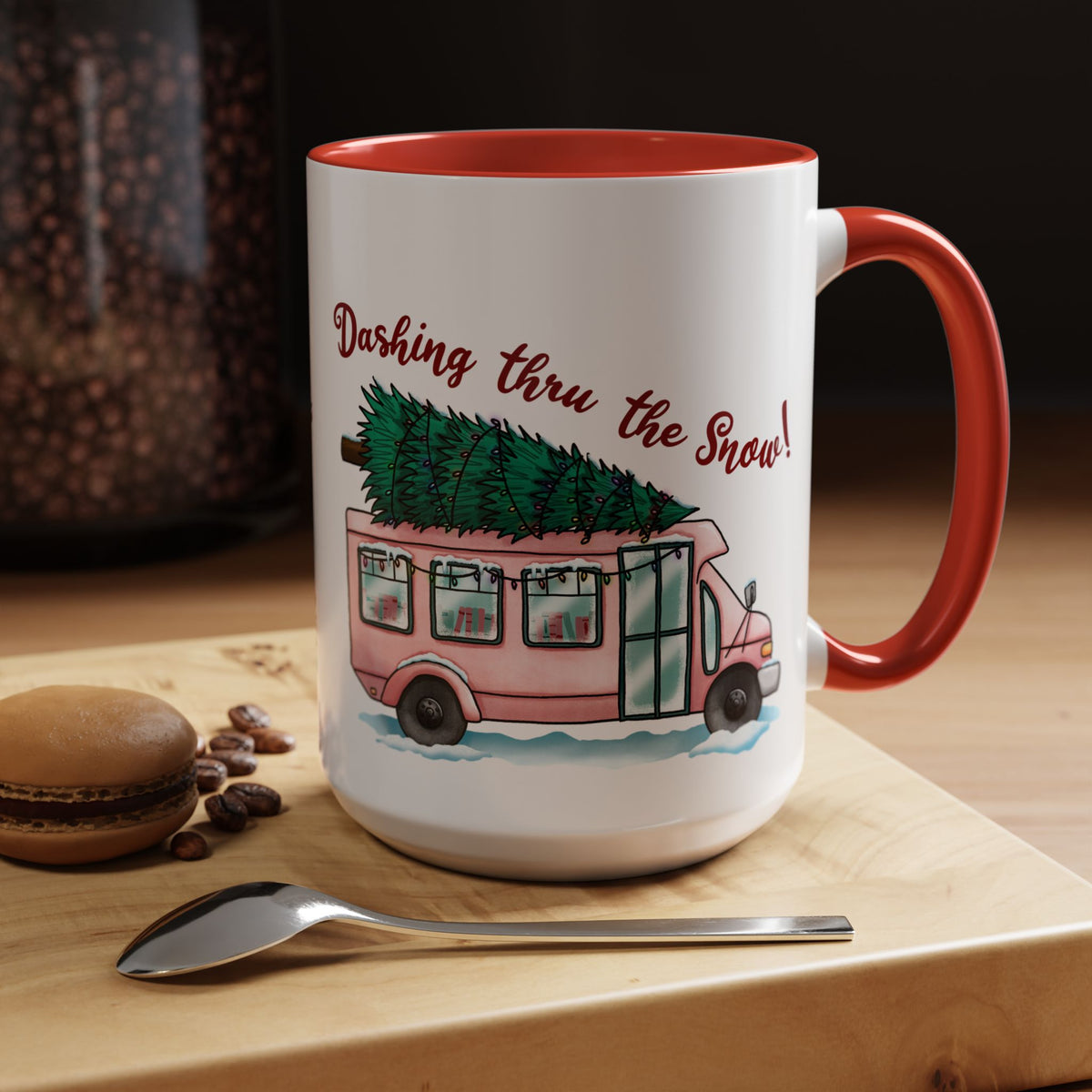 Dashing Thru the Snow Pink Bus Coffee Mug — Holiday Tree Farm Travel Mug (11/15 oz)