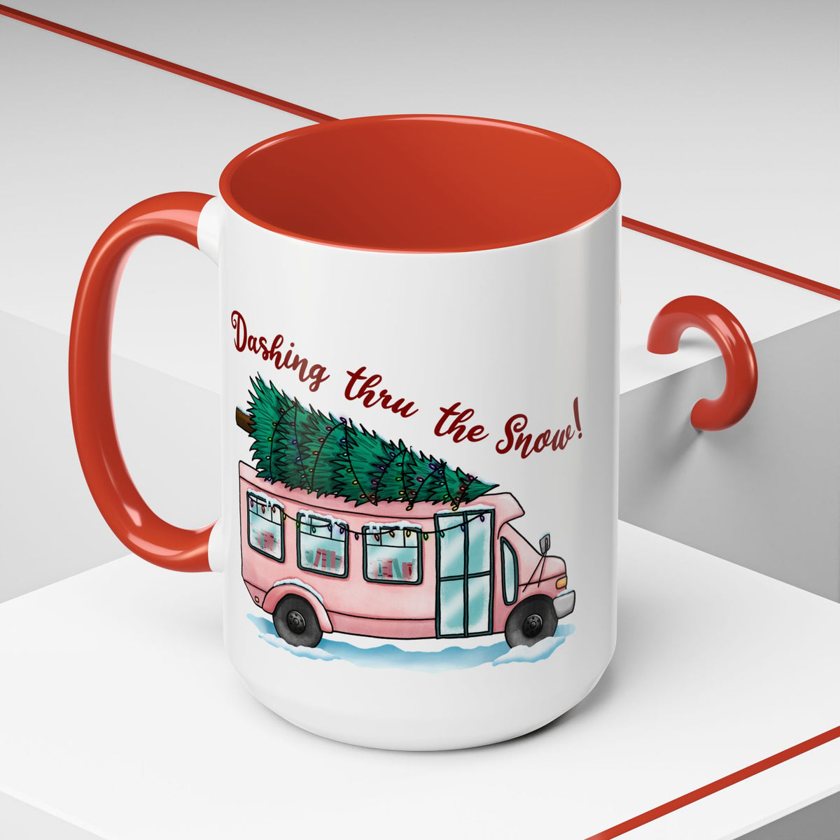 Dashing Thru the Snow Pink Bus Coffee Mug — Holiday Tree Farm Travel Mug (11/15 oz)