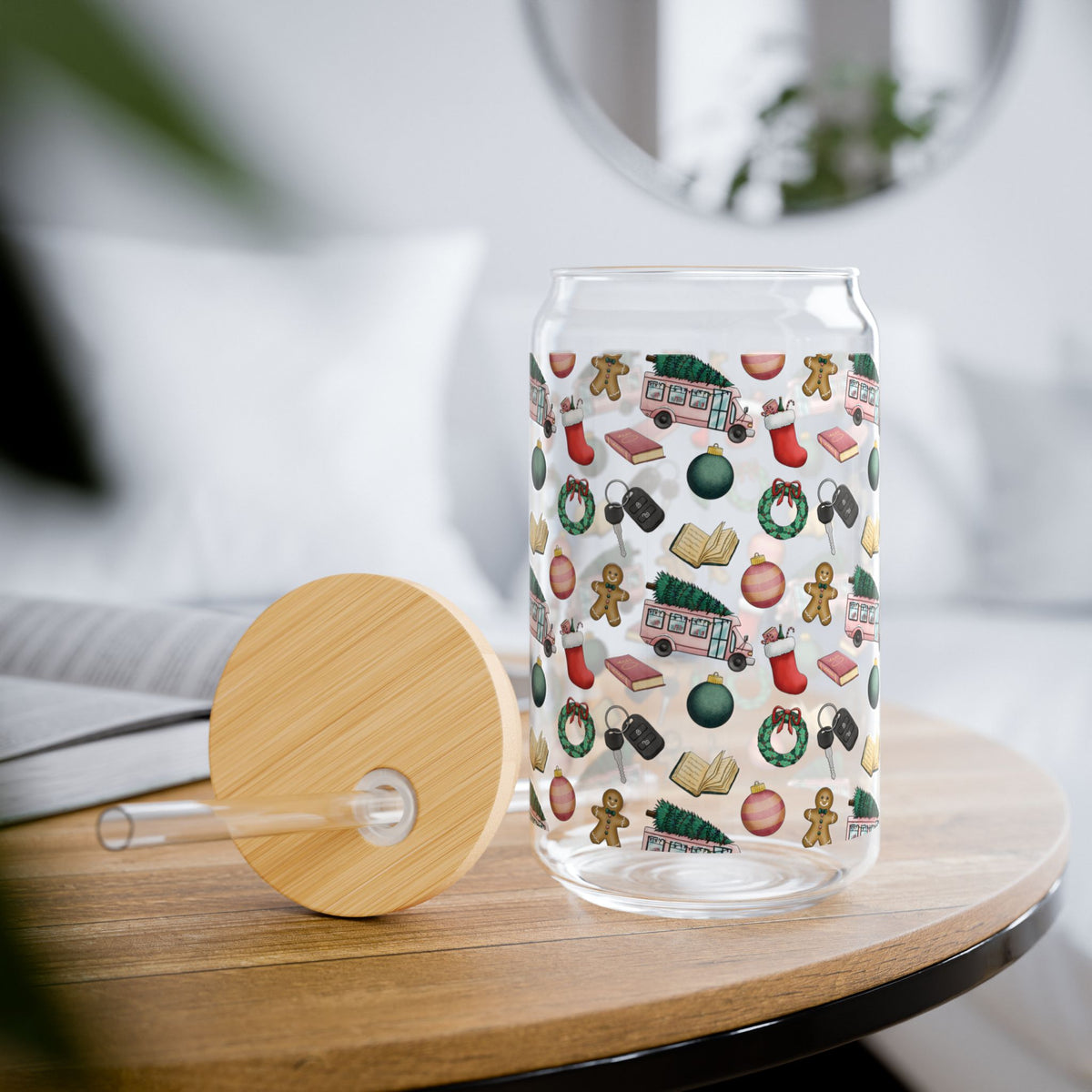 Holiday Pattern Sipper Glass — 16oz Christmas Drink Tumbler with Straw