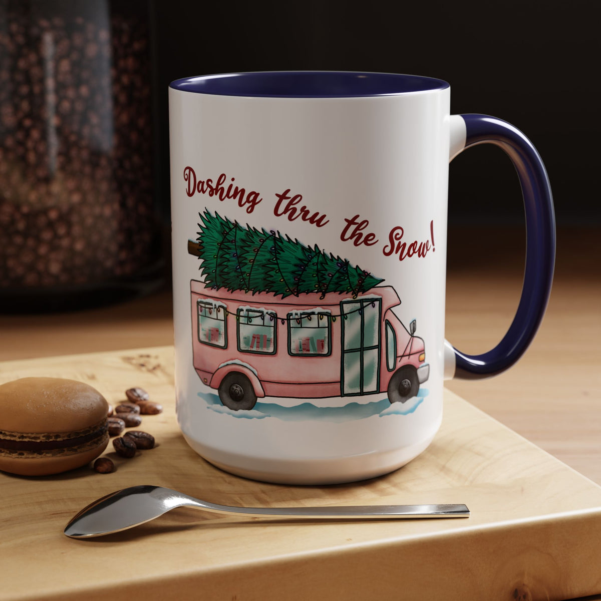 Dashing Thru the Snow Pink Bus Coffee Mug — Holiday Tree Farm Travel Mug (11/15 oz)