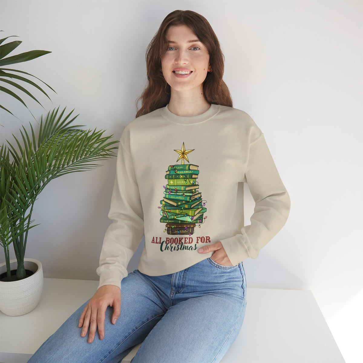"All Booked for Christmas" Stack of Books Holiday Sweatshirt