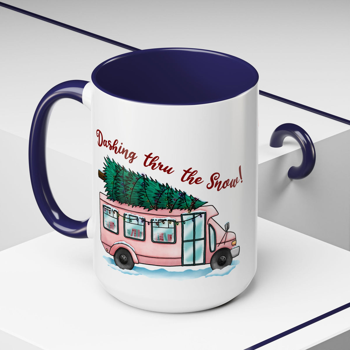 Dashing Thru the Snow Pink Bus Coffee Mug — Holiday Tree Farm Travel Mug (11/15 oz)