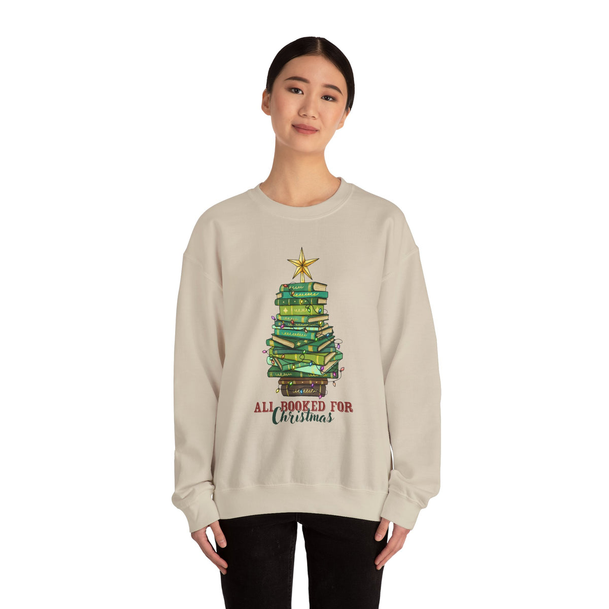 "All Booked for Christmas" Stack of Books Holiday Sweatshirt