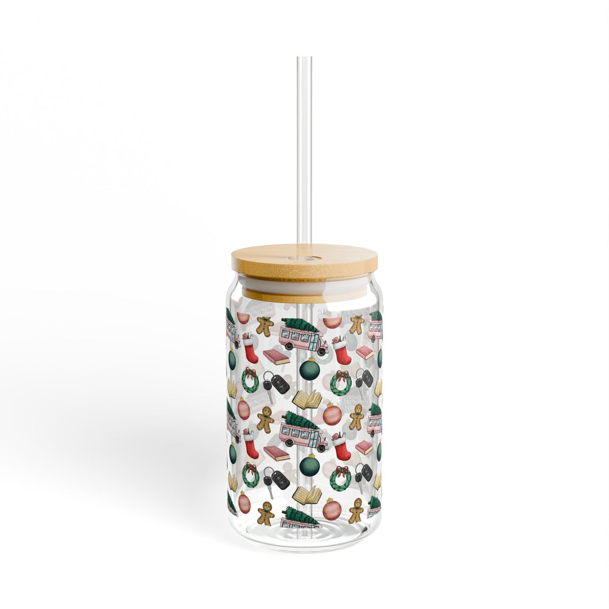 Holiday Pattern Sipper Glass — 16oz Christmas Drink Tumbler with Straw