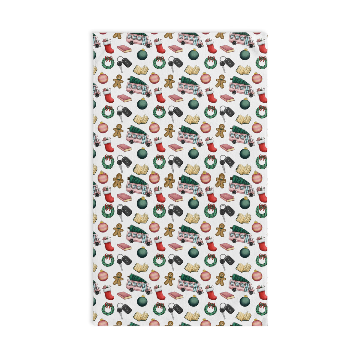 Holiday Baking Pattern Hand Towel – Christmas Cookies, Wreaths & Stockings Kitchen Towel