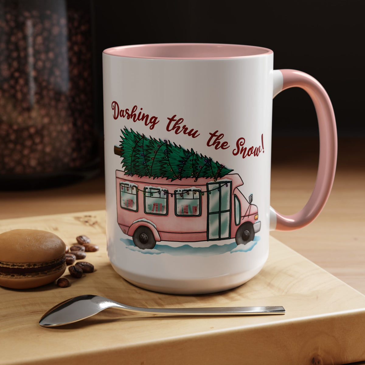 Dashing Thru the Snow Pink Bus Coffee Mug — Holiday Tree Farm Travel Mug (11/15 oz)