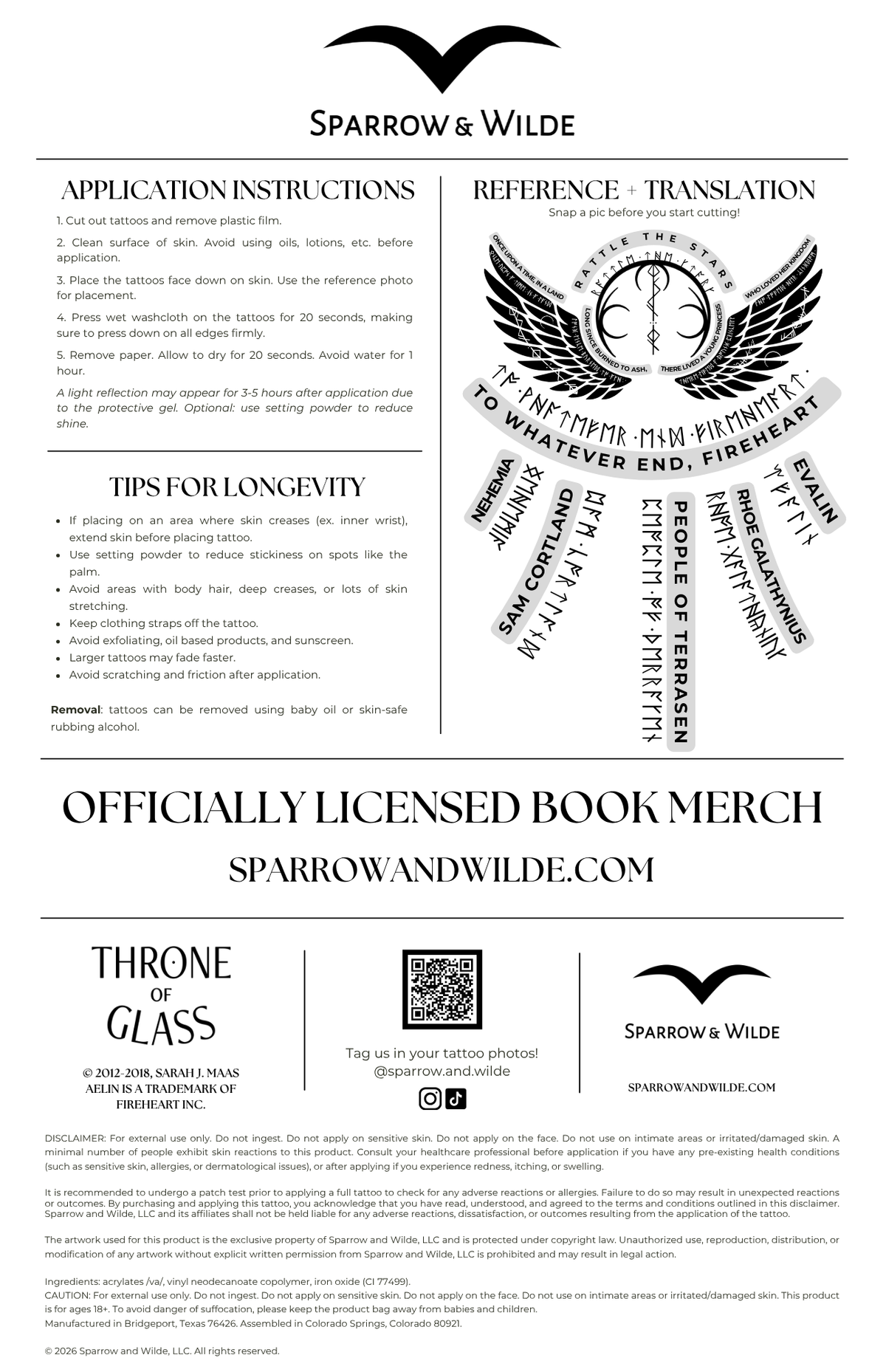 Sparrow and Wilde - Temporary Tattoo Sheet | Throne of Glass | Aelin Back Tattoo