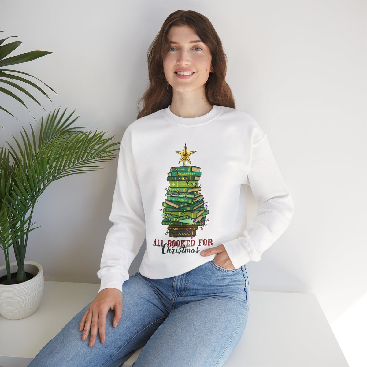 "All Booked for Christmas" Stack of Books Holiday Sweatshirt