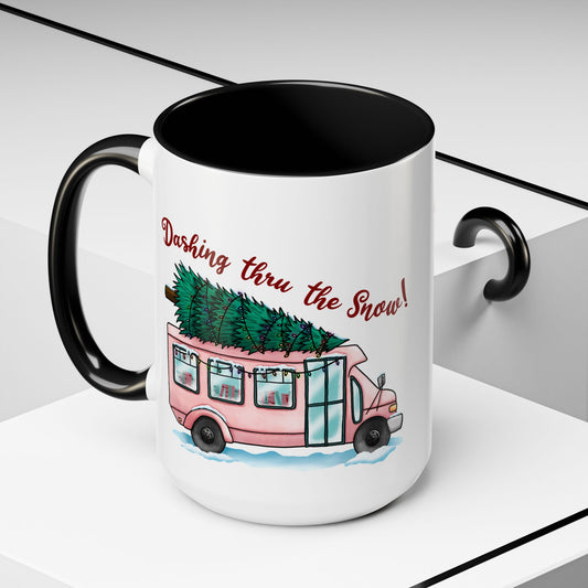 Dashing Thru the Snow Pink Bus Coffee Mug — Holiday Tree Farm Travel Mug (11/15 oz)