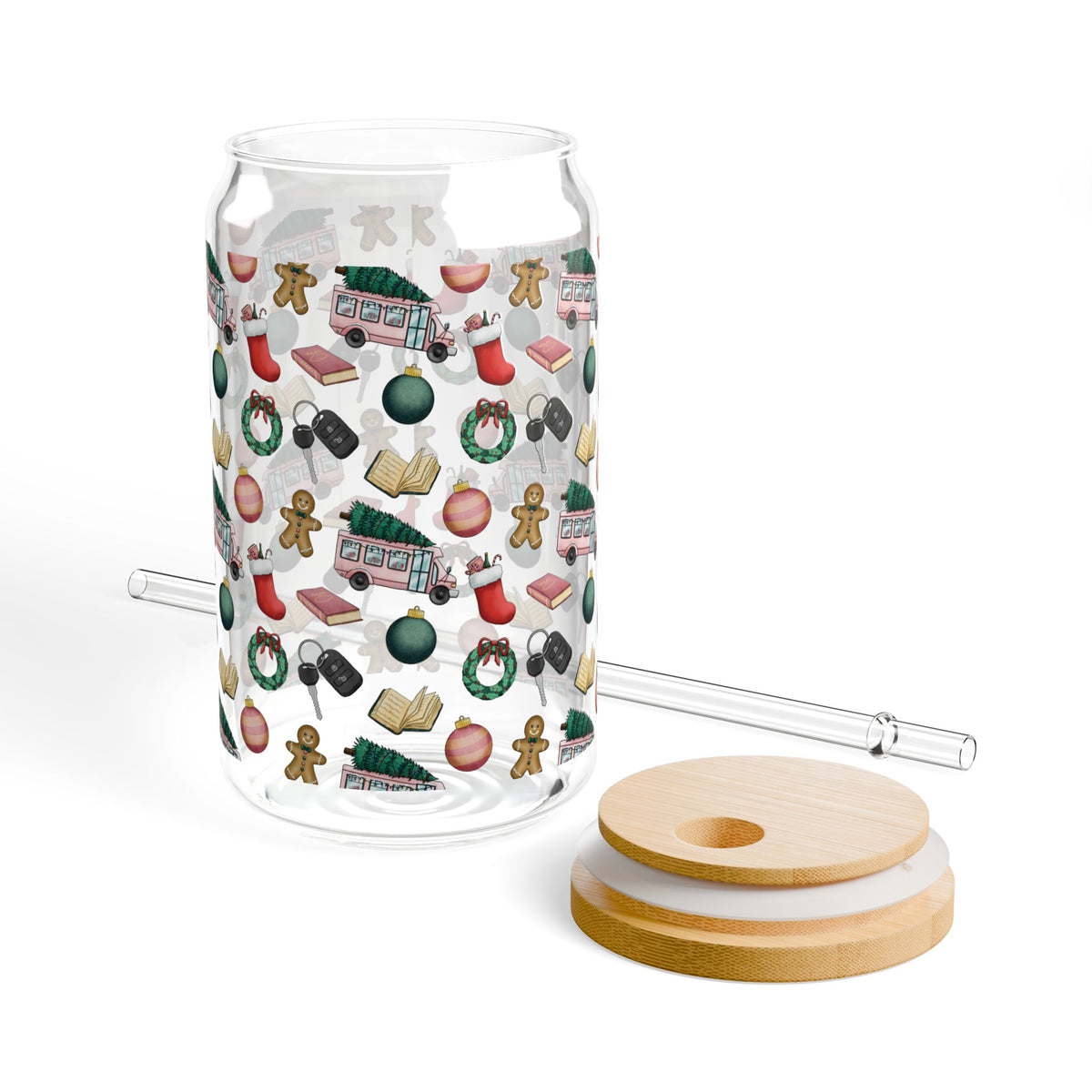 Holiday Pattern Sipper Glass — 16oz Christmas Drink Tumbler with Straw