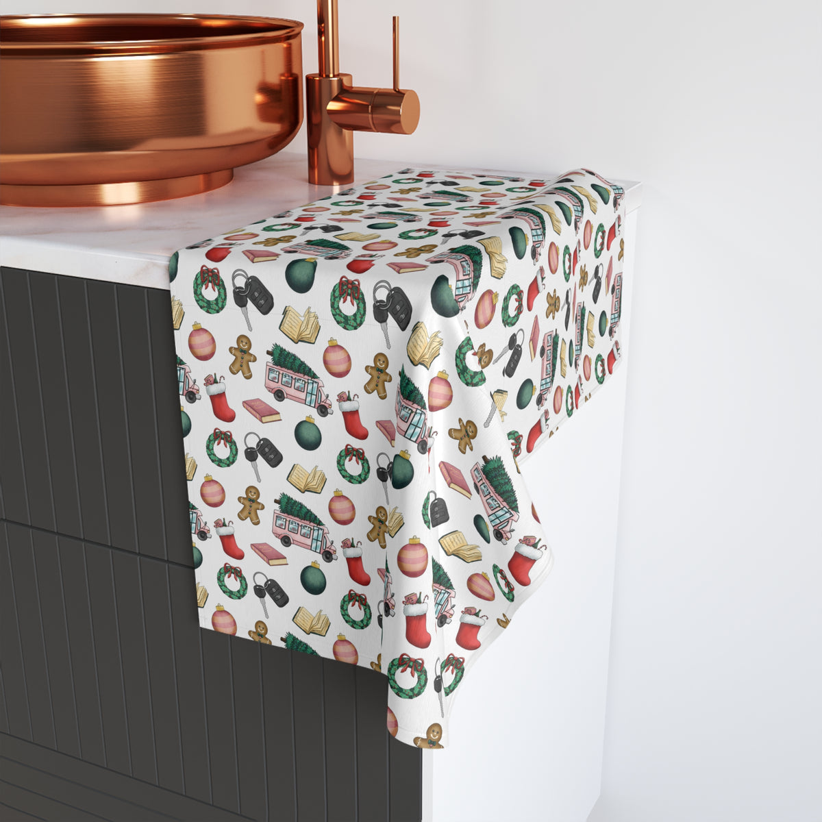 Holiday Baking Pattern Hand Towel – Christmas Cookies, Wreaths & Stockings Kitchen Towel