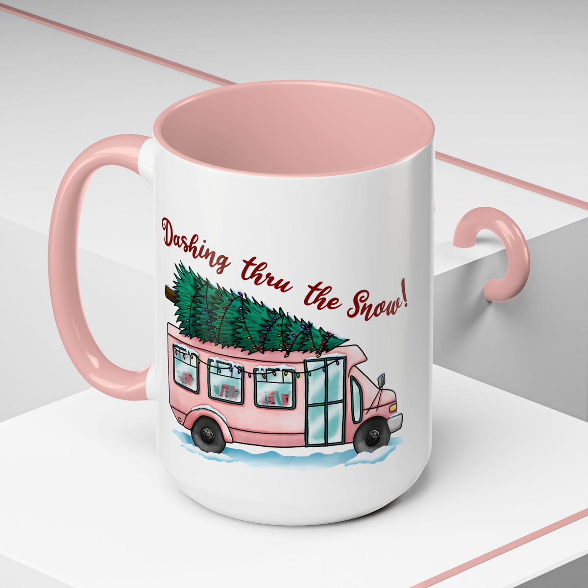 Dashing Thru the Snow Pink Bus Coffee Mug — Holiday Tree Farm Travel Mug (11/15 oz)