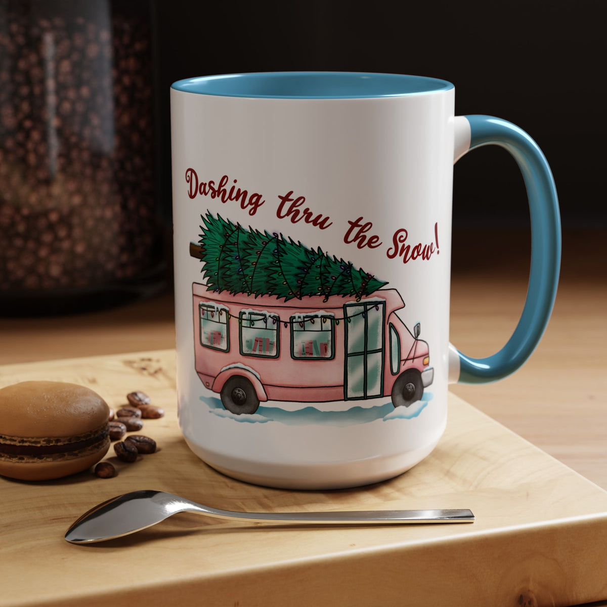 Dashing Thru the Snow Pink Bus Coffee Mug — Holiday Tree Farm Travel Mug (11/15 oz)