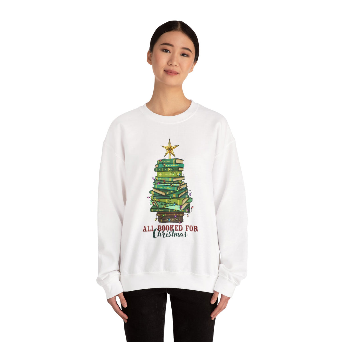 "All Booked for Christmas" Stack of Books Holiday Sweatshirt