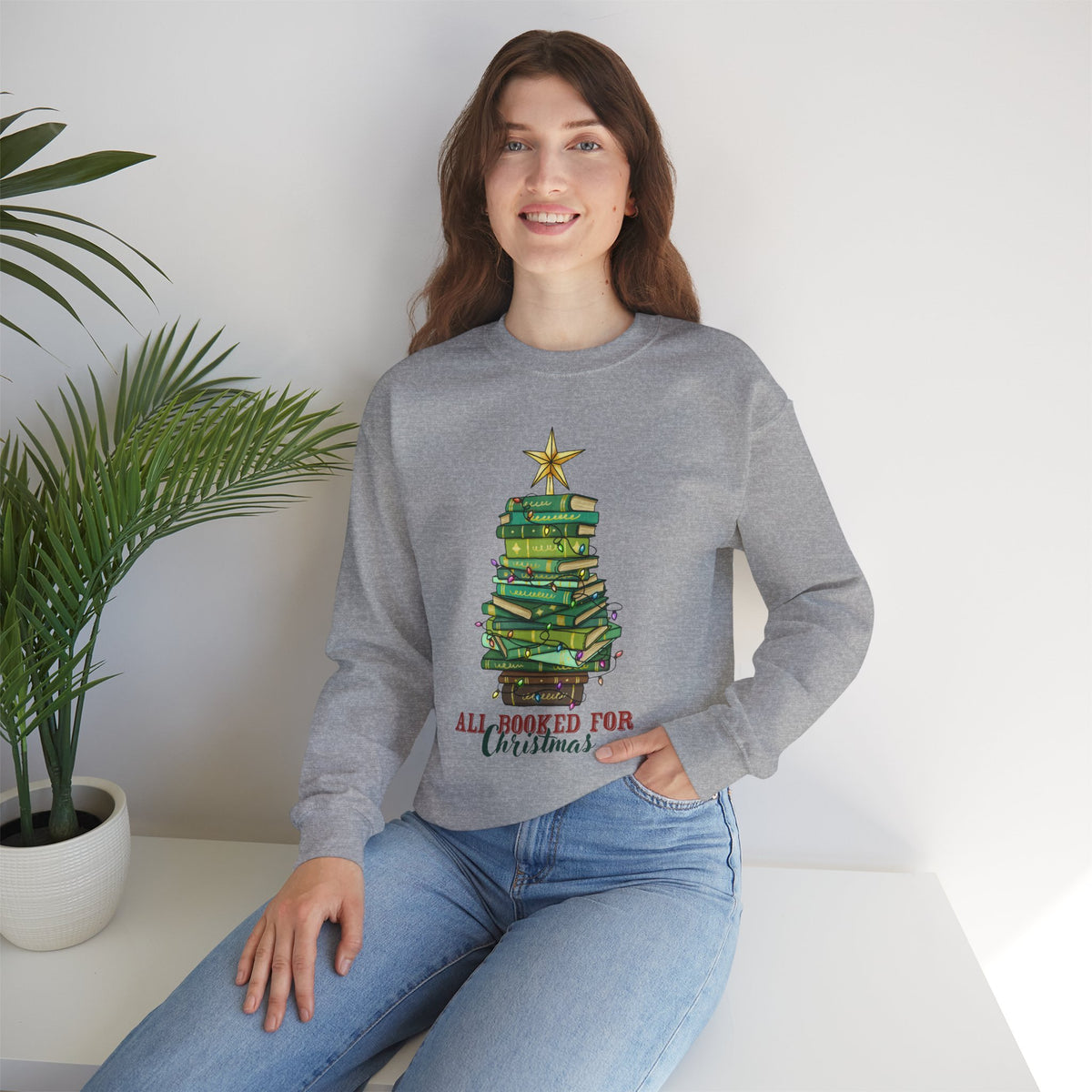 "All Booked for Christmas" Stack of Books Holiday Sweatshirt