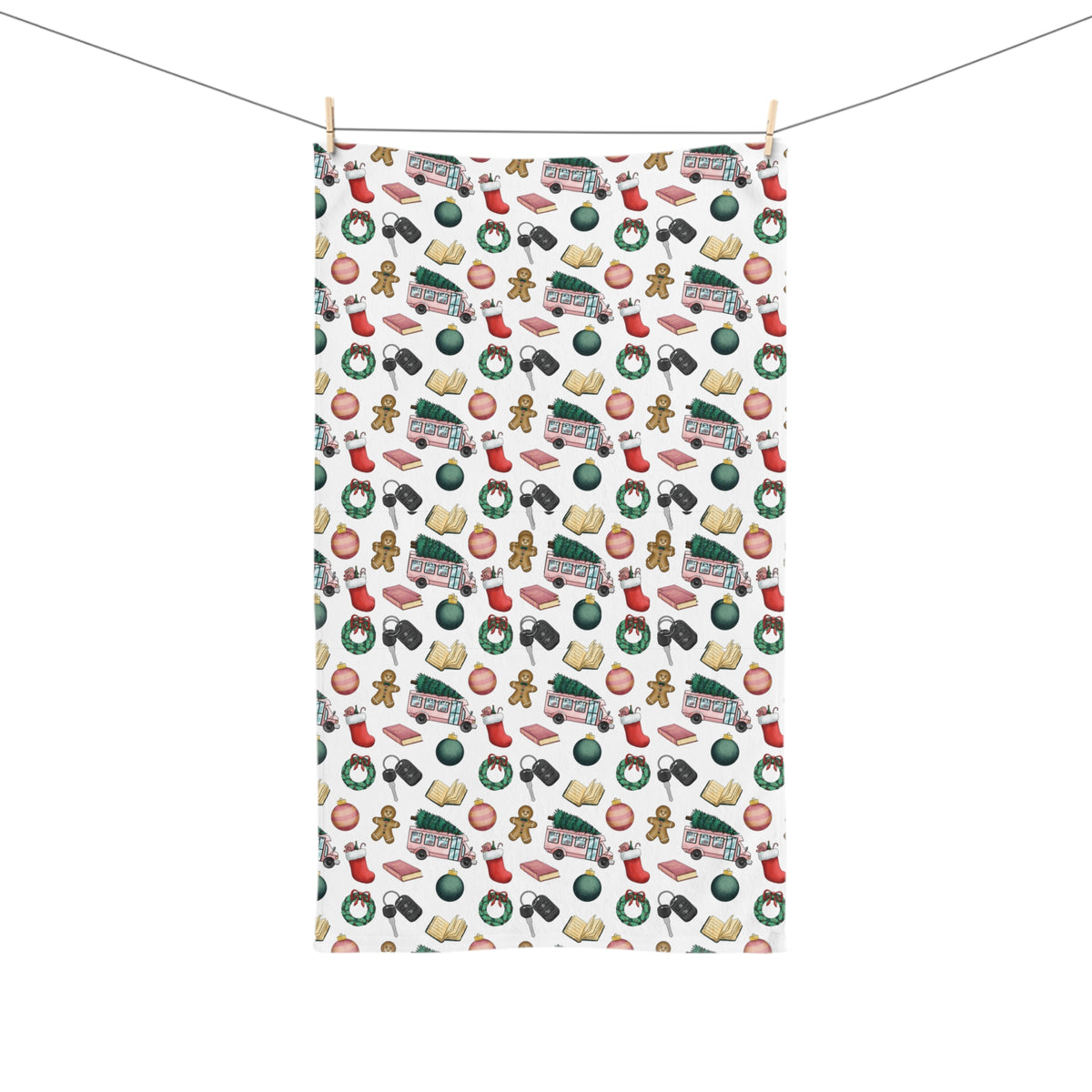 Holiday Baking Pattern Hand Towel – Christmas Cookies, Wreaths & Stockings Kitchen Towel