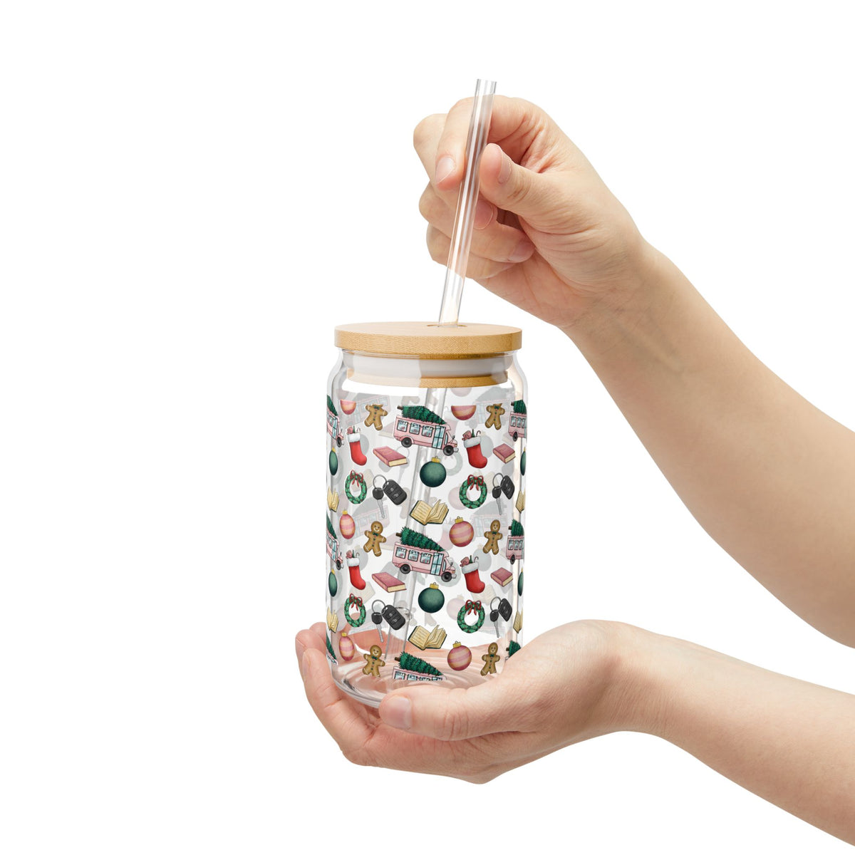 Holiday Pattern Sipper Glass — 16oz Christmas Drink Tumbler with Straw