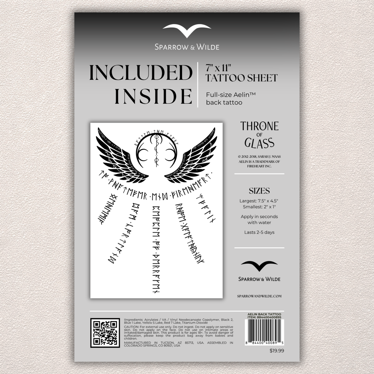 Sparrow and Wilde - Temporary Tattoo Sheet | Throne of Glass | Aelin Back Tattoo