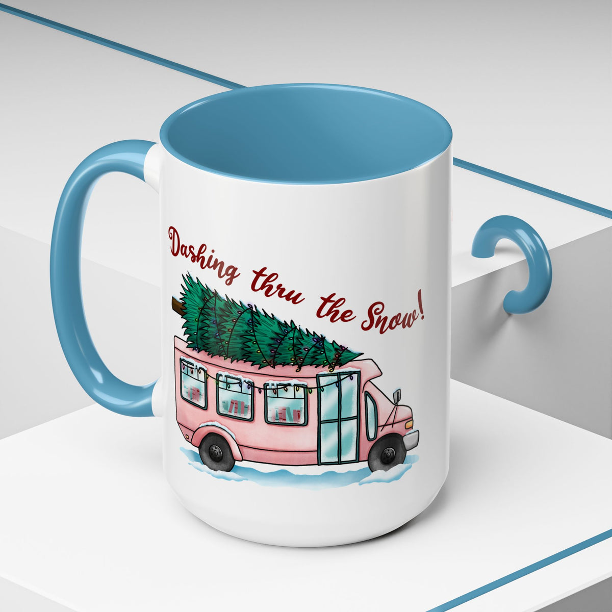 Dashing Thru the Snow Pink Bus Coffee Mug — Holiday Tree Farm Travel Mug (11/15 oz)