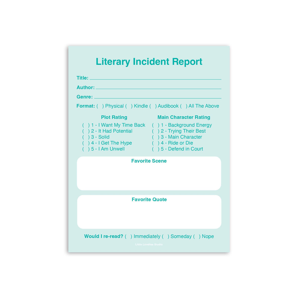 Little Lovelies Studio - Literary Incident Report Notepad | Book Review Pad