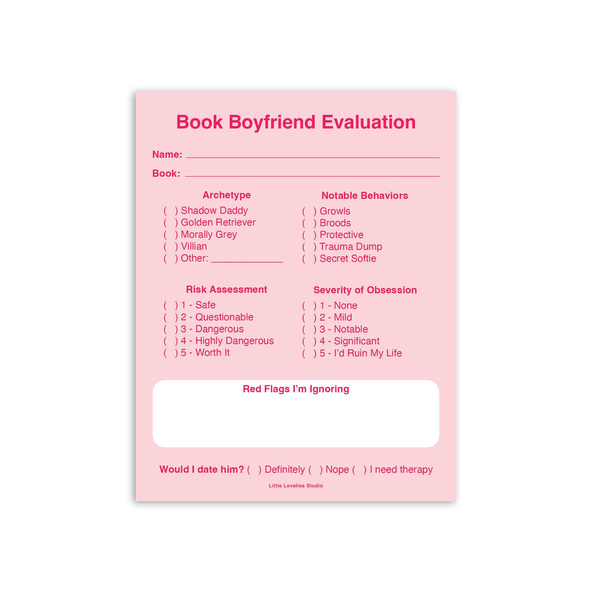 Little Lovelies Studio - Book Boyfriend Evaluation Notepad | Romance Reader Pad