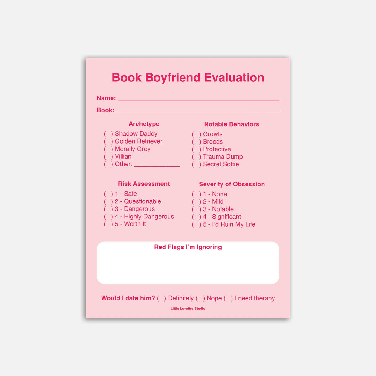 Little Lovelies Studio - Book Boyfriend Evaluation Notepad | Romance Reader Pad